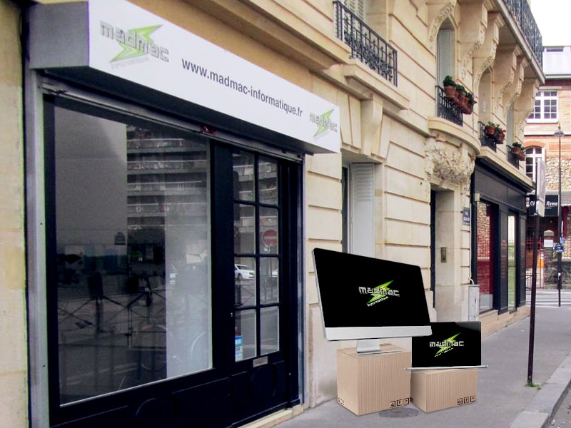 vitrine de la boutique MadMac, réparation Apple à Paris